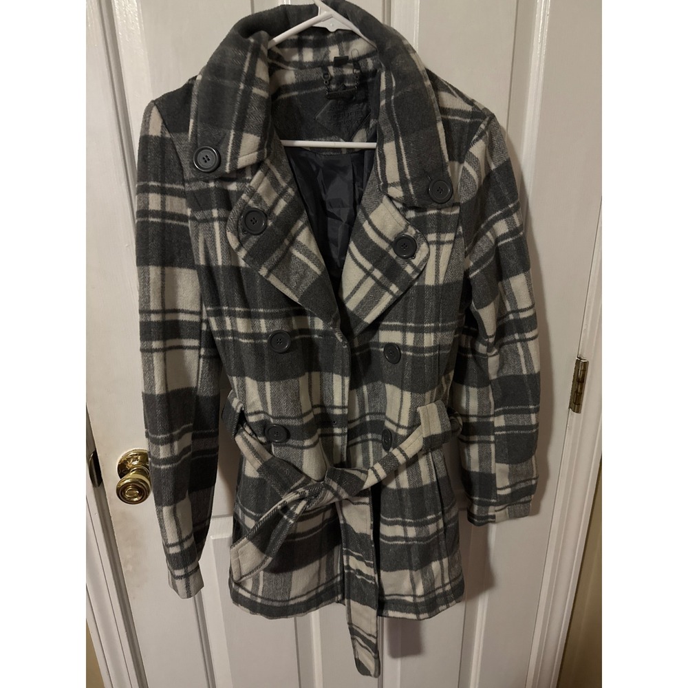 Joujou‎ Womens Grey Plaid Double Breasted Belted Peacoat Jacket Size M Y2K